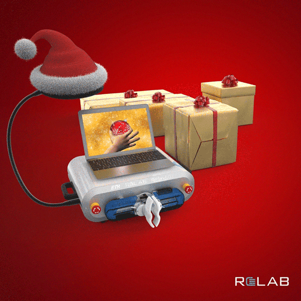 Die Animation zeigt ein Rehabilitations Roboter Gerät mit Weihnachtsmannmütze inmitten einiger Geschenkpakete. Der animierte Text: "happy holidays and best wishes for the new year"