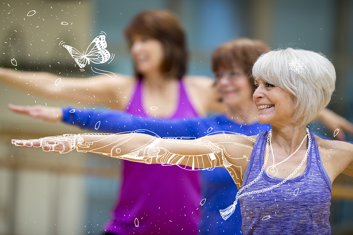 Enlarged view: A group of senior adult women are taking a yoga class together at the gym