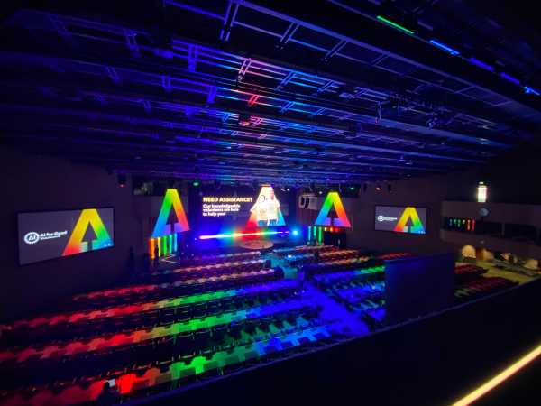 Enlarged view: rainbow-like lighting in the event hall of a exhibition centre