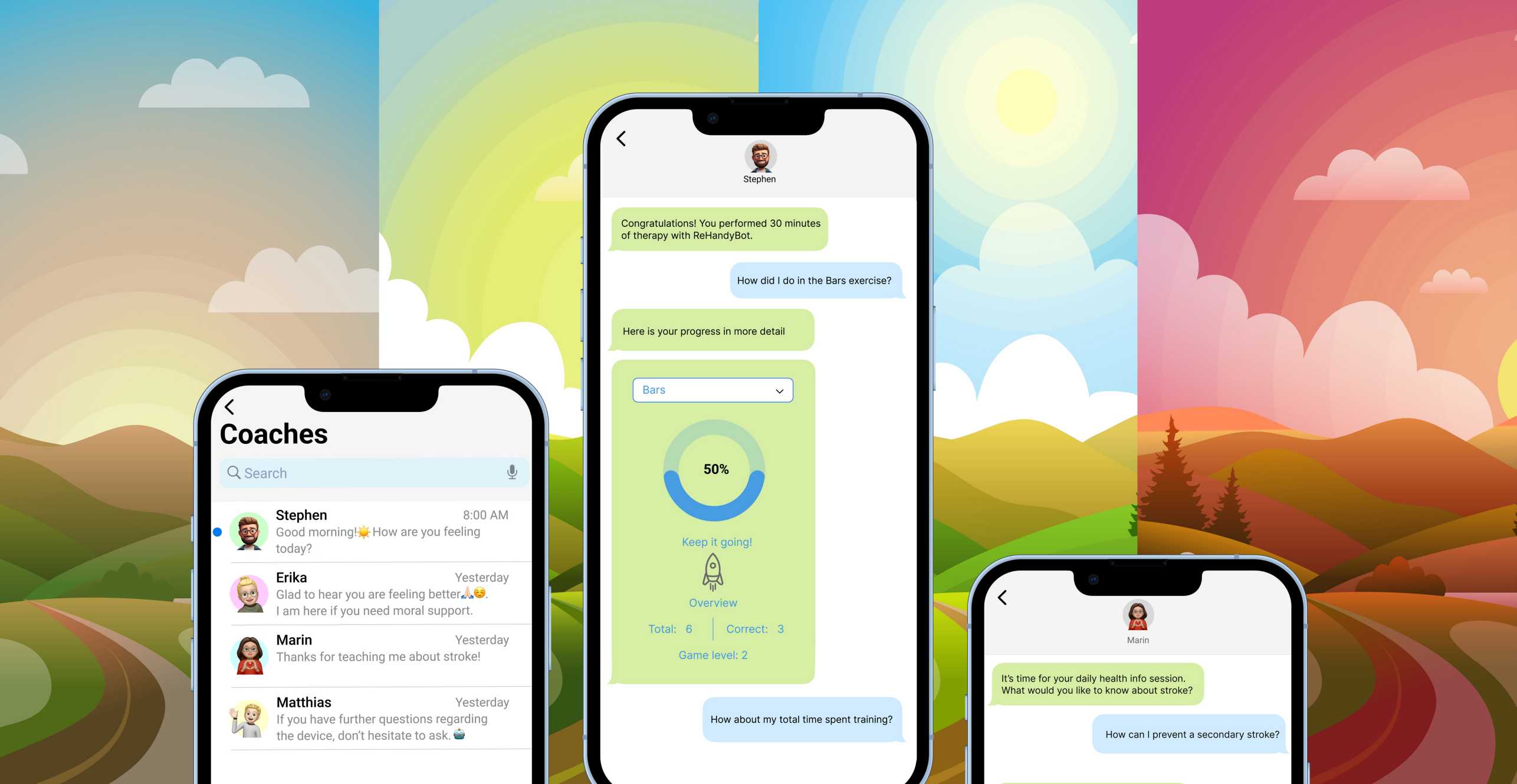 Enlarged view: Visualisation of the RehabCoach app in three versions that show the chat history of a patient with the coach